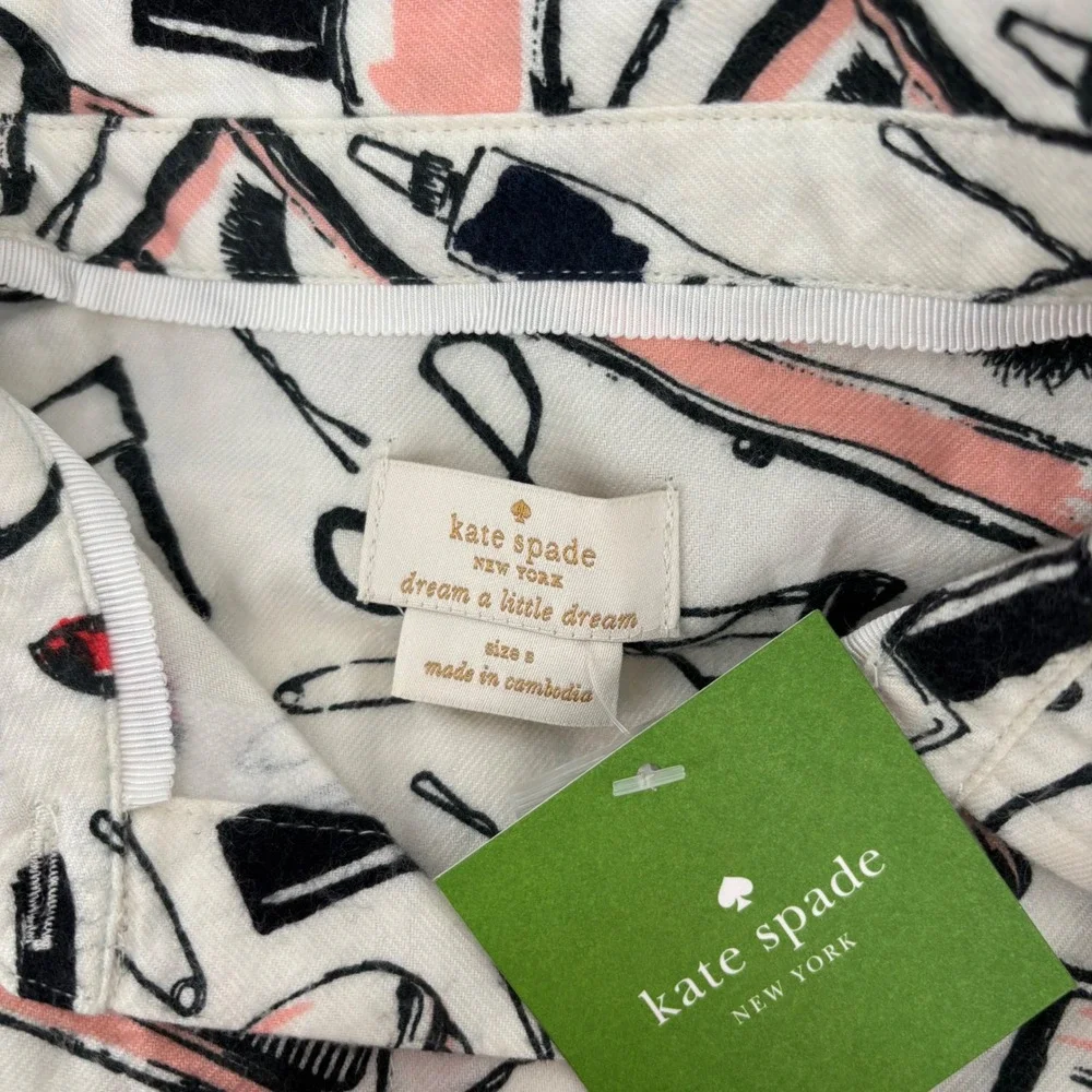 Kate Spade Pajama Set Women S White Makeup Print Long Sleeve Pants NWT Glamcore